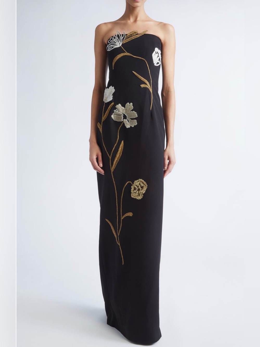 Lela Rose Floral Cord Embroidery Strapless Stretch Cape Gown